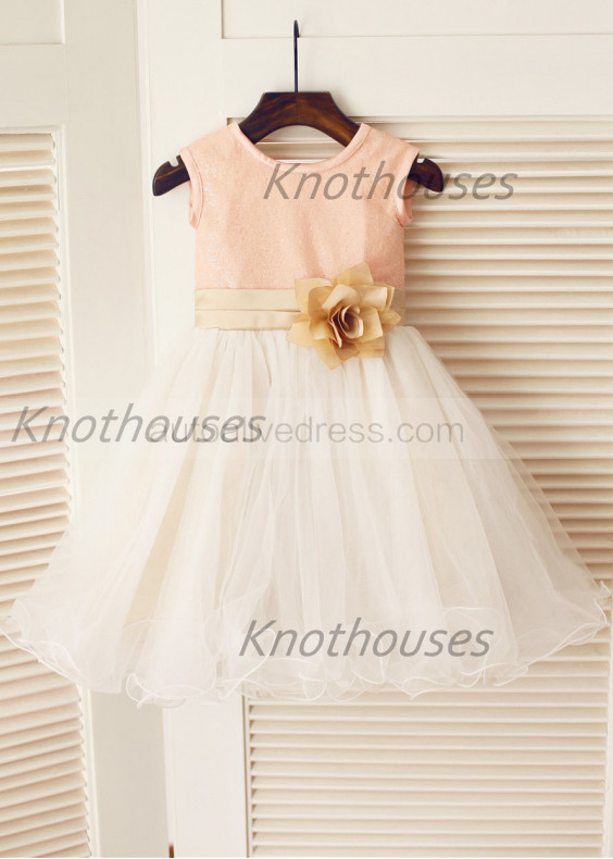Blush Pink Sequin Ivory Tulle Curly Hem Wedding Flower Girl Dress